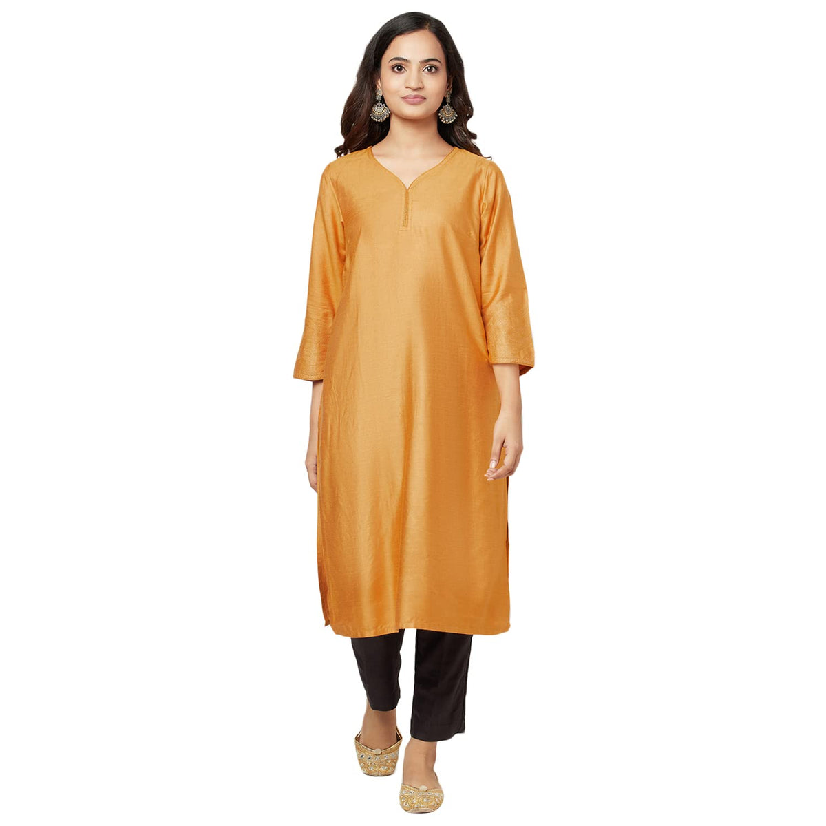 Fabindia WomenS Viscose Silk Embroidered Regular Kurta_Mustard_Xs