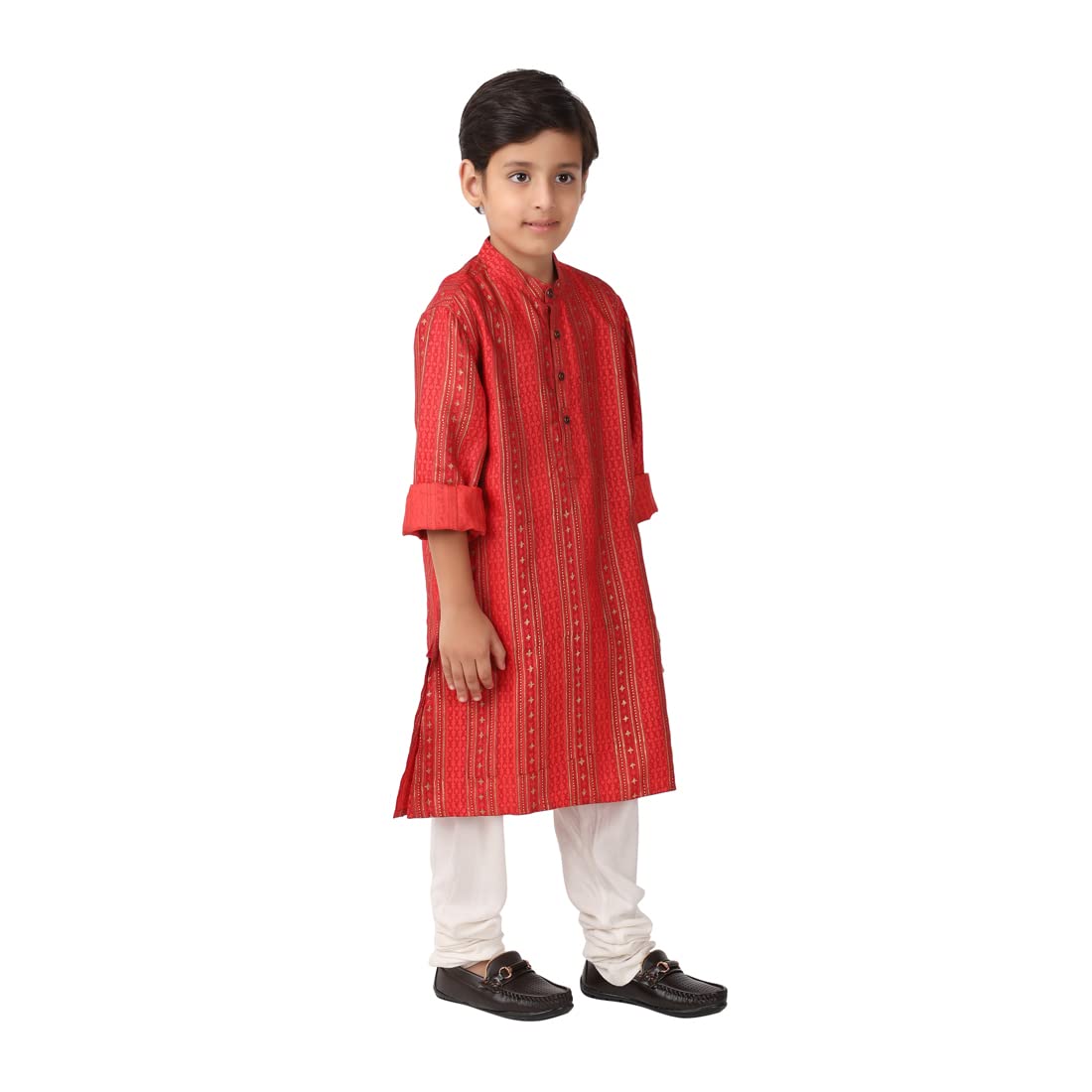 Fabindia Kids Silk Chinese Collar Long Kurta Viscose_Red