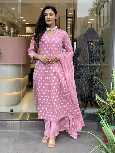 Pinkmint Polka Dot Printed Anarkali Muslin Kurta Set with Striped Palazzo & Dupatta Set for Women Elgant Festive & Casual wear P