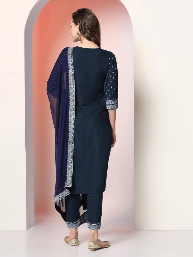 Sanisa Women's Pigment Printed Chinnon Straight Kurta Set with Dupatta