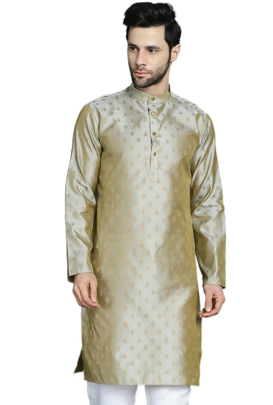 Jompers MenS Pista Woven Design Silk Blend Kurtas 