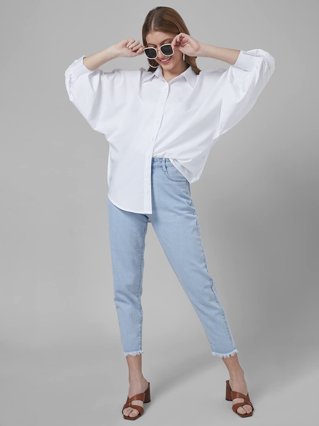 Style Quotient Women White Solid Poly Crepe Oversized Casual Shirt