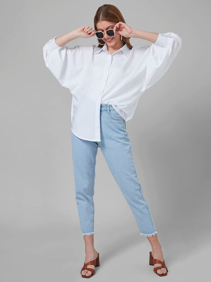 Style Quotient Women White Solid Poly Crepe Oversized Casual Shirt