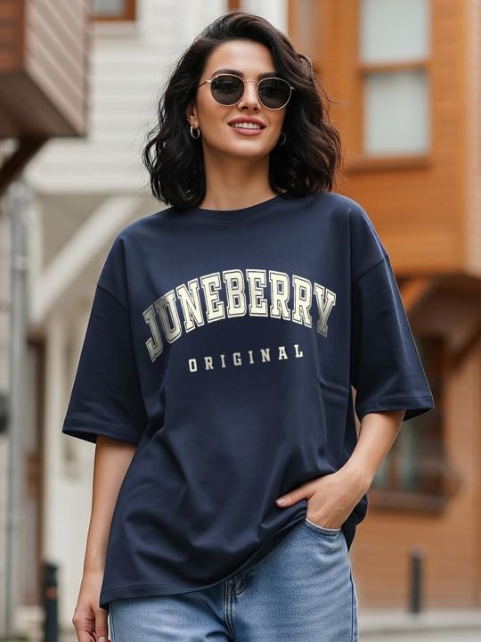 Juneberry Navy Blue & Beige Oversized Drop Shoulders Brand Logo Typography Print Round-Neck Relaxed Fit T-Shirt For Women (Jb_Os
