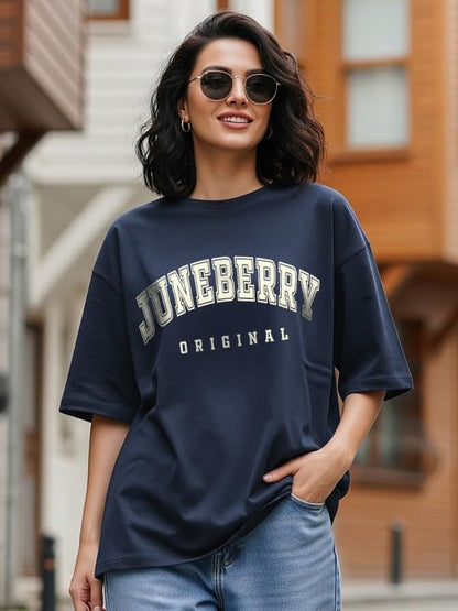 Juneberry Navy Blue & Beige Oversized Drop Shoulders Brand Logo Typography Print Round-Neck Relaxed Fit T-Shirt For Women (Jb_Os
