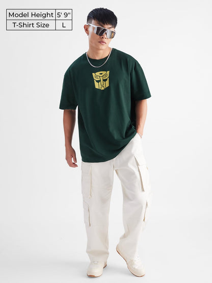 The Souled Store Transformers: Bumblebee Mens & Boys Oversized Fit Graphic Printed Half Sleeve Cotton Green Oversized T-Shirts M