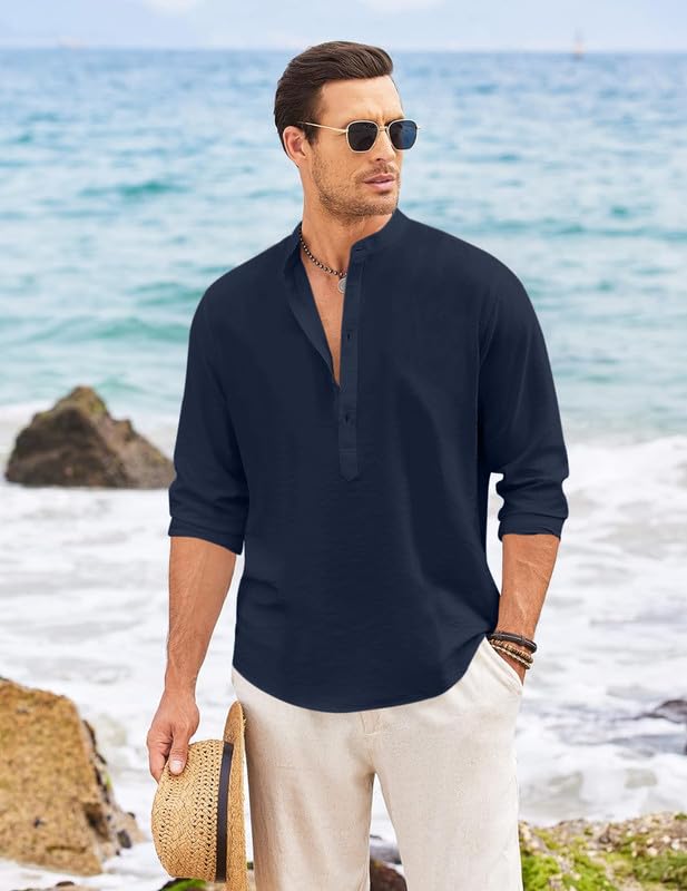 Macsivo MenS Casual Cotton Polyester Blend Long Sleeve Henley Short Kurta | Lightweight Summer Kurta Navy