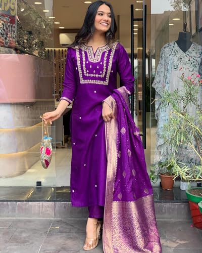 GoSriKi Ladies Rayon Blend Embroidered Kurta Set with Trousers & Dupatta, XXL, Begani, Model: MANUSHI BEGANI-GS