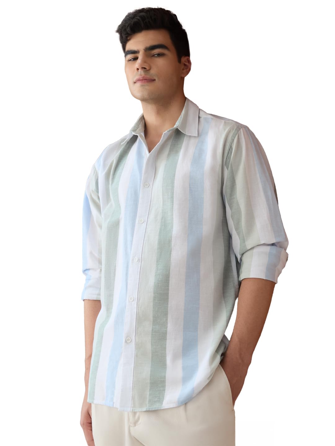 The Souled Store Cotton Linen Stripes: Seaside Men and Boys Long Sleeve Collared Neck Button Front Light Green and White Striped