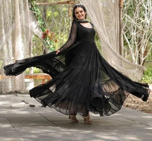 Fashion Basket WomenS Georgette Solid Anarkali Dress Black
