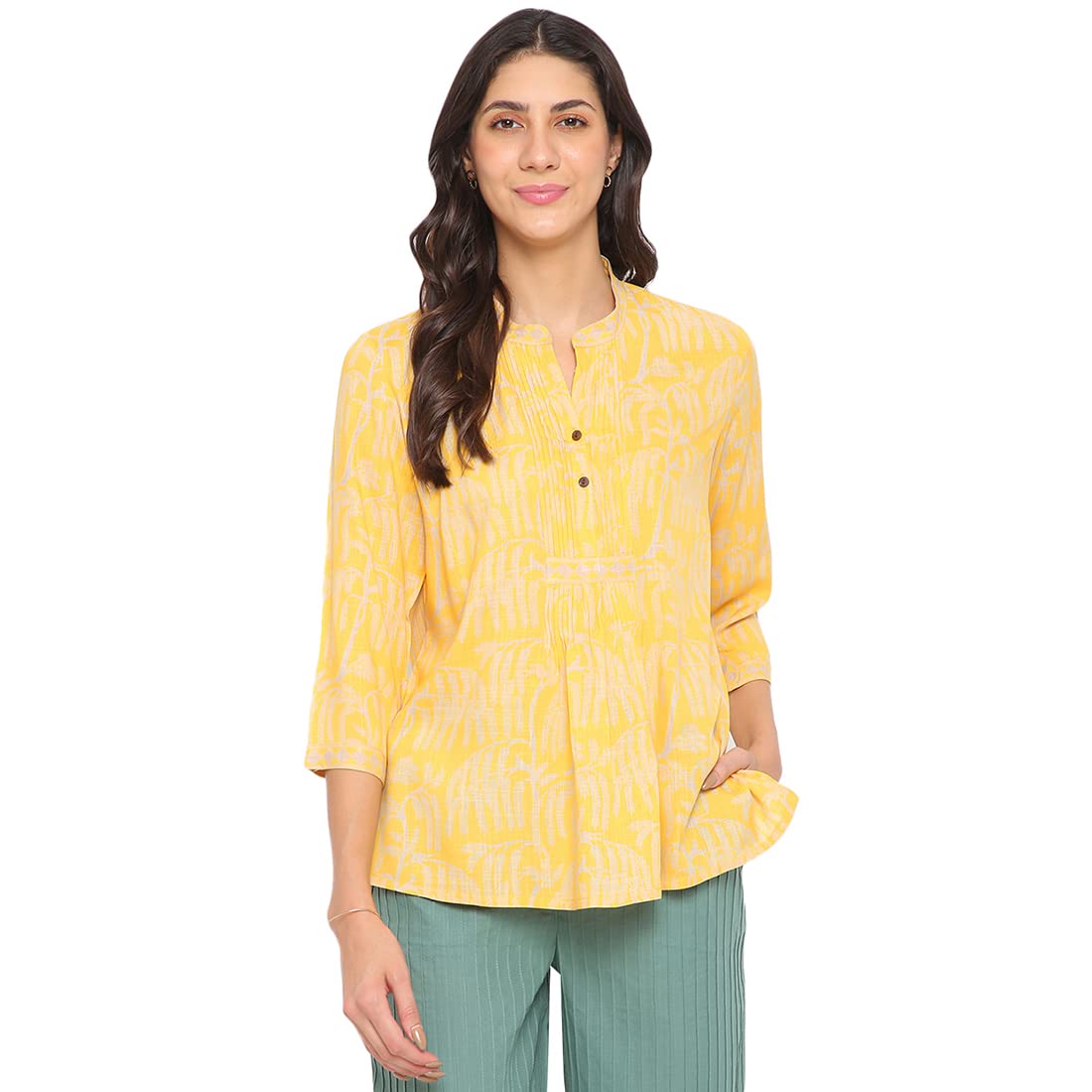 Fabindia Women Viscose Printed Top Yellow_Xs