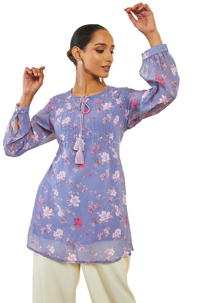 Soch Womens Purple Georgette Floral Print A-Line Tunic with Pintucks