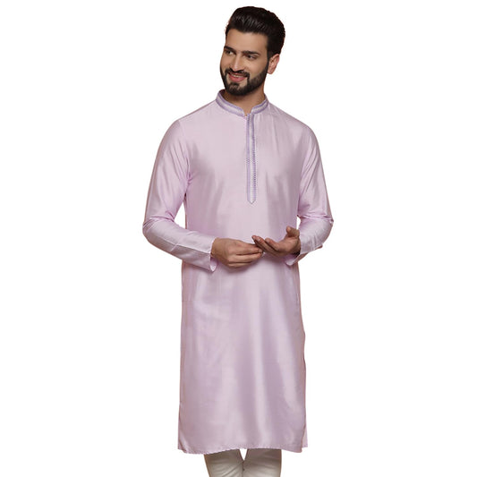 Kisah Men Lavender Kurta, Cotton, Full Sleaves, Knee Length, Straight, Regular Fit, Mandarin Collar Ethnic Wear