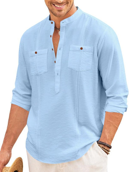 Macsivo Cotton Blend Solid Casual Short Kurta For Men Long Sleeve Mandarin Collar Stylish Shirt Kurta For Men Sky