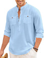 Macsivo Cotton Blend Solid Casual Short Kurta For Men Long Sleeve Mandarin Collar Stylish Shirt Kurta For Men Sky