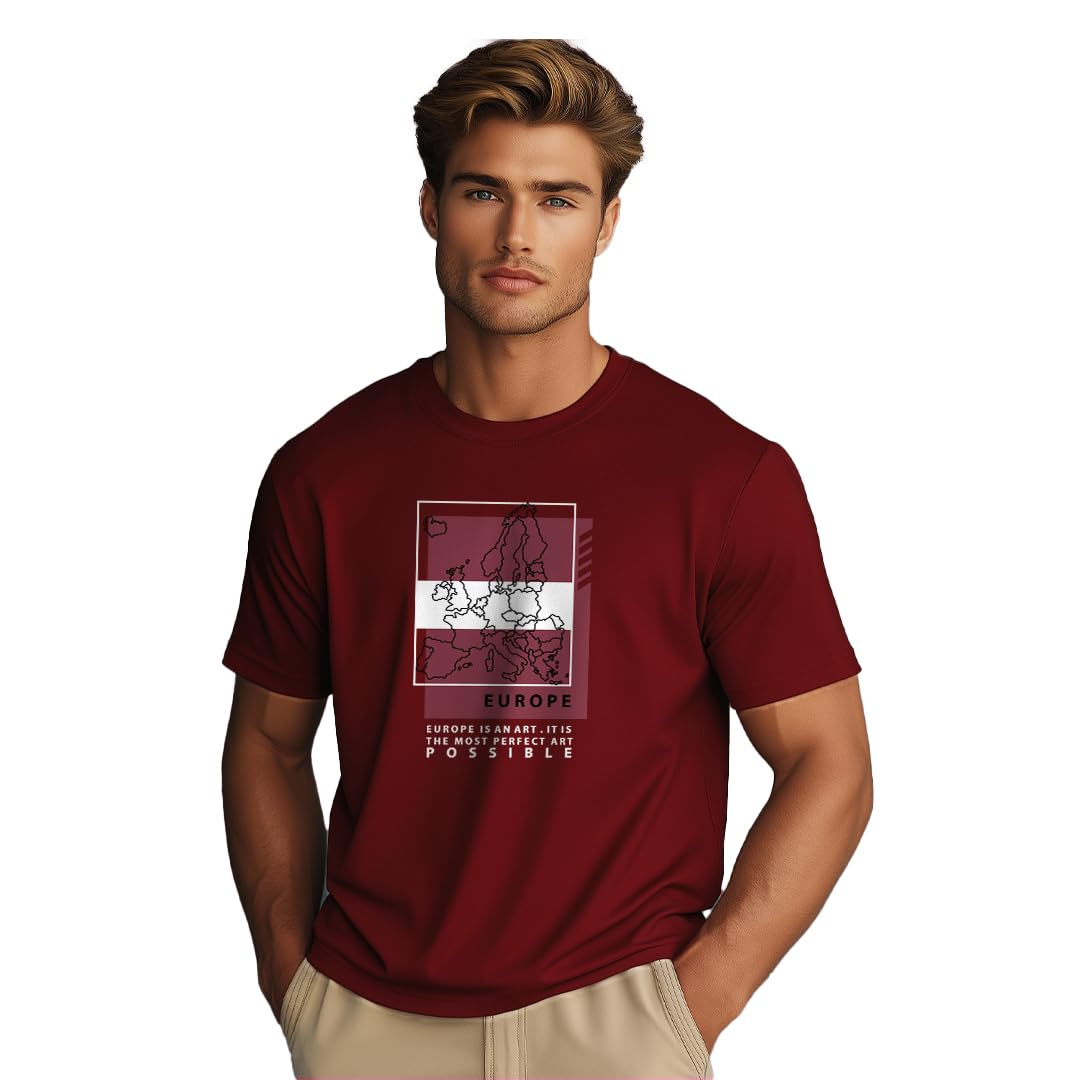 Nobero MenS Graphic Print Regular Fit T-Shirt (1M-Twts-C1042-Ag_Europe Map-Wine Red