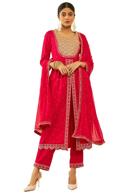 Soch Womens Fuchsia Rayon Slub Embroidered Suit Set With Dupatta(Ewa3Cd20279A)