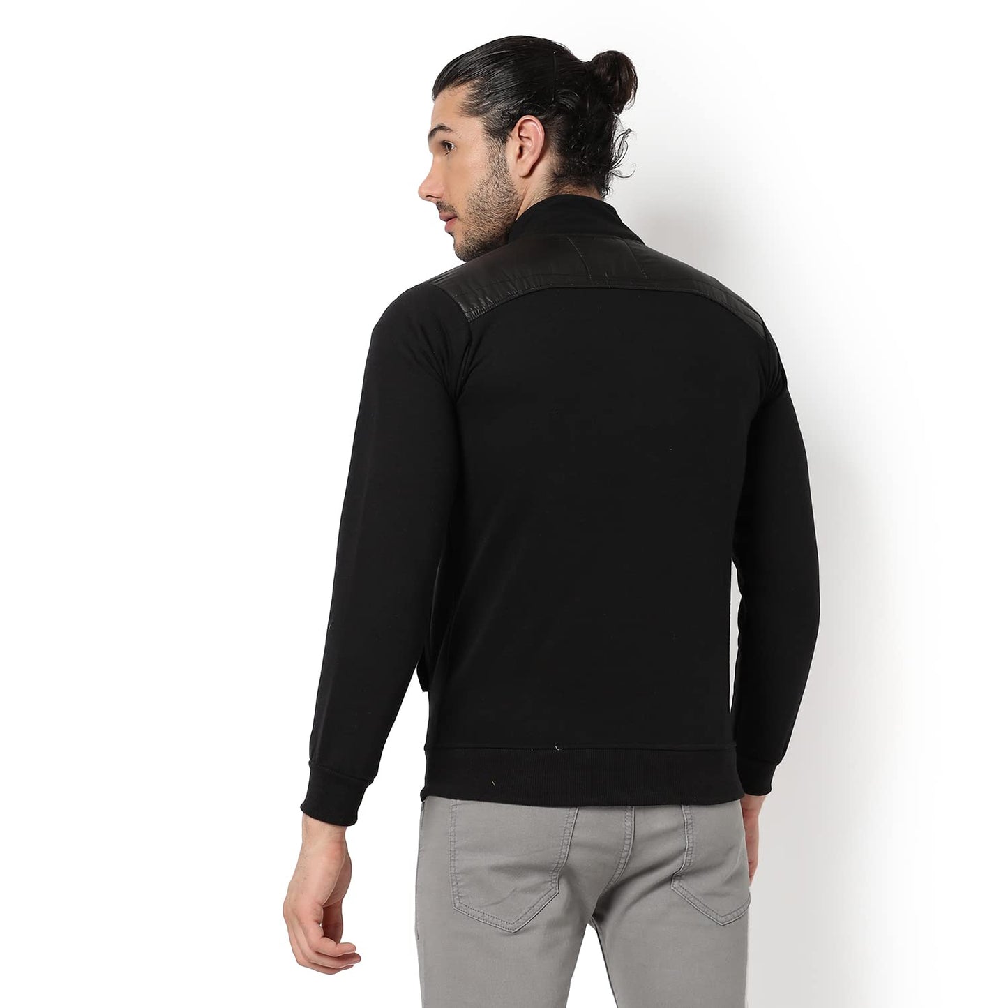 Campus Sutra Mens Black Solid Vegan Leather Regular Fit Bomber Jacket For Winter Wear | Standing Collar | Full Sleeve | Zipper