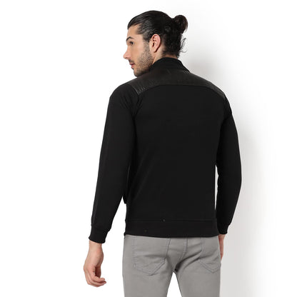 Campus Sutra Mens Black Solid Vegan Leather Regular Fit Bomber Jacket For Winter Wear | Standing Collar | Full Sleeve | Zipper