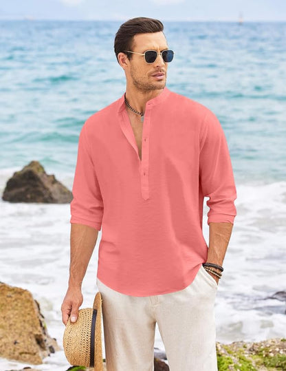 Macsivo MenS Casual Cotton Polyester Blend Long Sleeve Henley Short Kurta | Lightweight Summer Kurta Peach