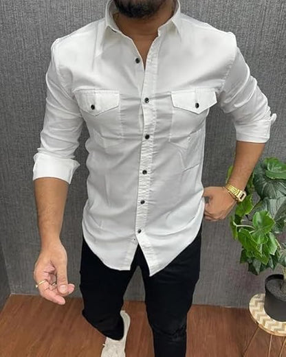 Rebelify Double Pocket With Flap Men Cargo Cotton Shirt White