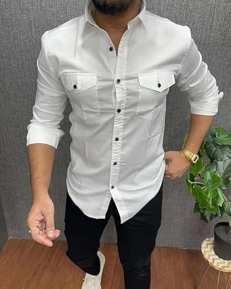Rebelify MenS Cotton Blend Shirt With Pockets Full Sleeves Collared Neck Solid Pattern Botton Down Closure Relaxed Fit And Stan