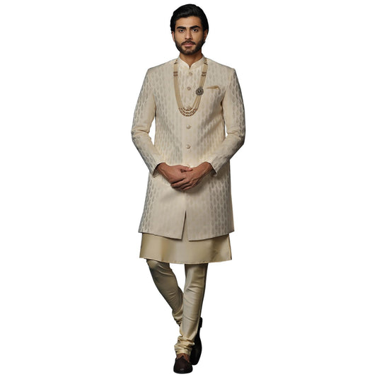 Kisah MenS Peach And Beige Indo-Western Kurta Sherwani Churidar Set Cotton Full Sleaves, Knee Length, Straight, Regular Fit, Ma
