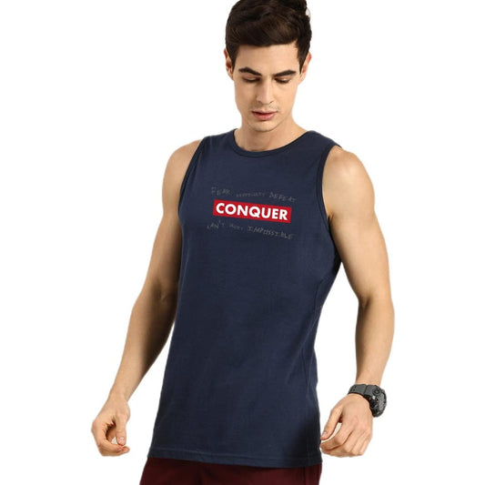 Bewakoof Mens Typography Blue Round Neck Sleeveless Vest