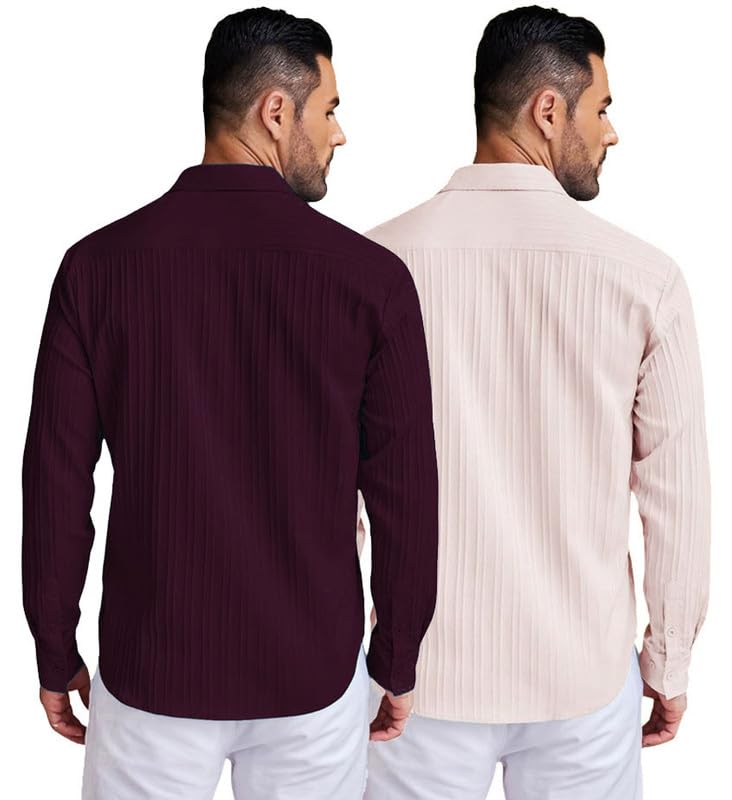Deelmo Combo Of MenS Casual Button Down Shirts Long Sleeve Linen Shirt Fashion Textured Summer Shirts Pack Of 2