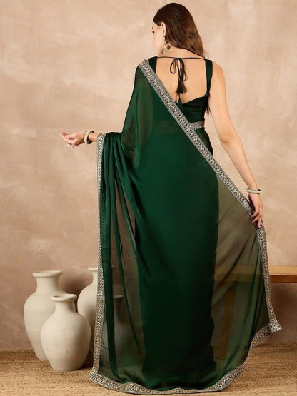 Cb-Colebrook Women'S Soft Satin Saree With Embroidered Sequin Border With Blouse Piece, Traditional Indian Ethnic Wear, Party, W