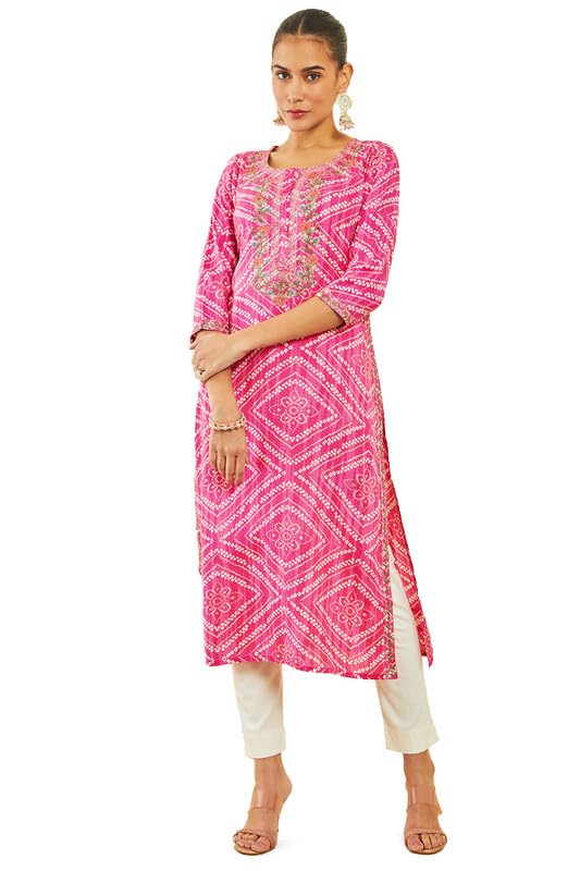 Soch Womens Pink Rayon Kurta With Bandhani Print And Floral Embroidery