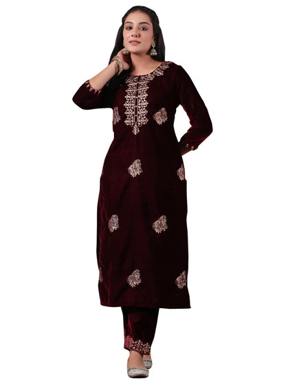Ishin WomenS Velvet Ethnic Motifs Zari Maroon Straight Kurta Suit Set With Trousers & Dupatta