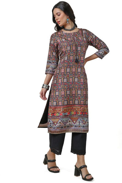 Soch Womens Black Abstract Print Silk Blend Kurta with Tassels