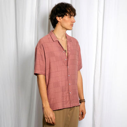 Campus Sutra Mens Sienna Brown Graph-Tactile Oversized Shirt for Casual Wear | Cuban Collar | Short Sleeve | Button Closure | O