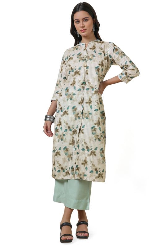 Soch Womens Beige Linen Blend Floral Print Kurta with Tassels