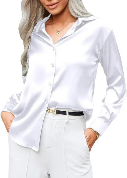 CB-COLEBROOK Womens Soft Satin Silk Button Down Shirts for Women Silky Long Sleeve Work Shirt Dress Blouses Tops (in, Alpha, S,