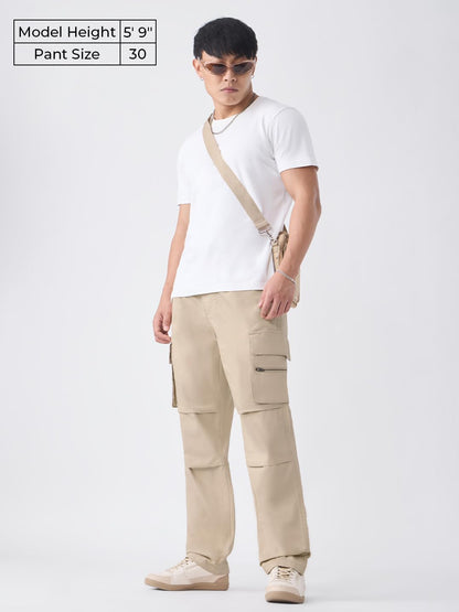 The Souled Store Cargo Pants: Creamy Beige Men and Boys Adjustable Buckle Waist Solid Cotton Twill Lightweight Everyday Straight
