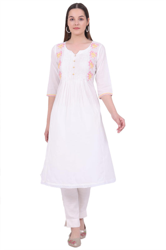Aurelia Women's White Embroidered Pure Cotton A-Line Kurta