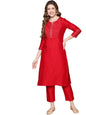 anubhutee Womens Cotton Red Woven Design Thread Work Straight Kurta Suit Set With Pants