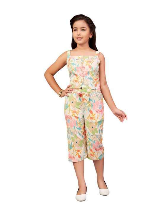 Aarika Girls Casual Wear Off White Colour Floral Print Cotton Top & Pant-3-11 Years (DR-TR-K-931)