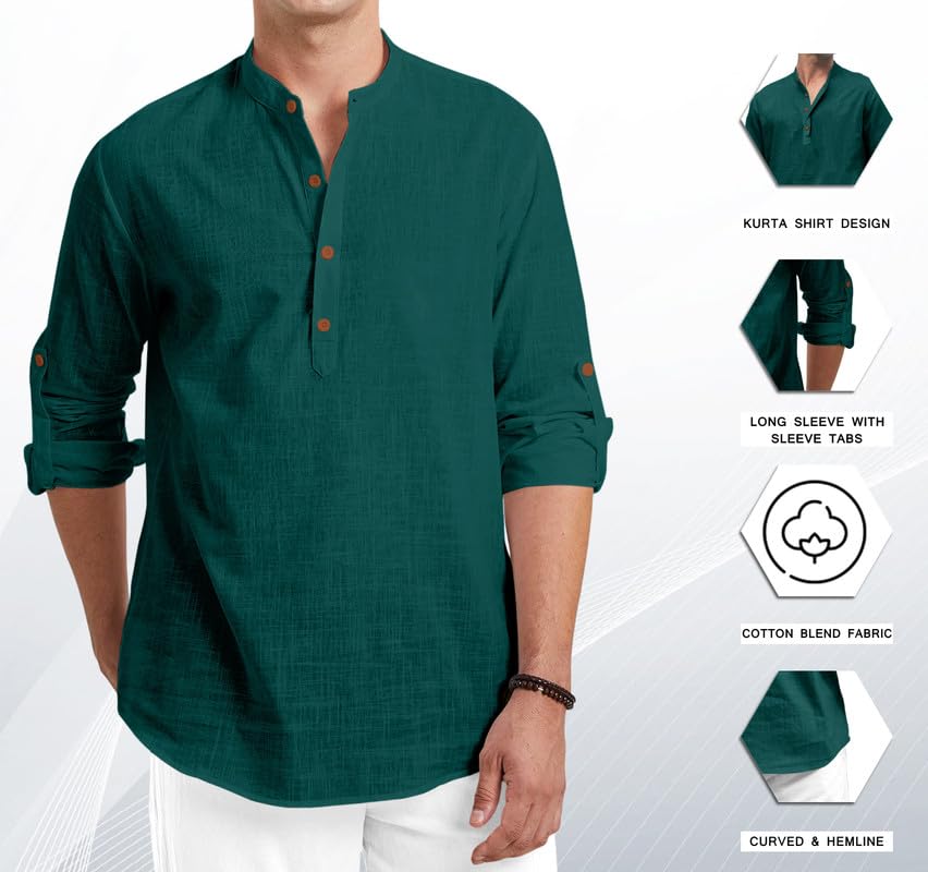 Macsivo MenS Cotton Polyester Blend Solid Short Kurta With Mandarin Collar Full Sleeve Button Closure Curved Hem Regular Fit |