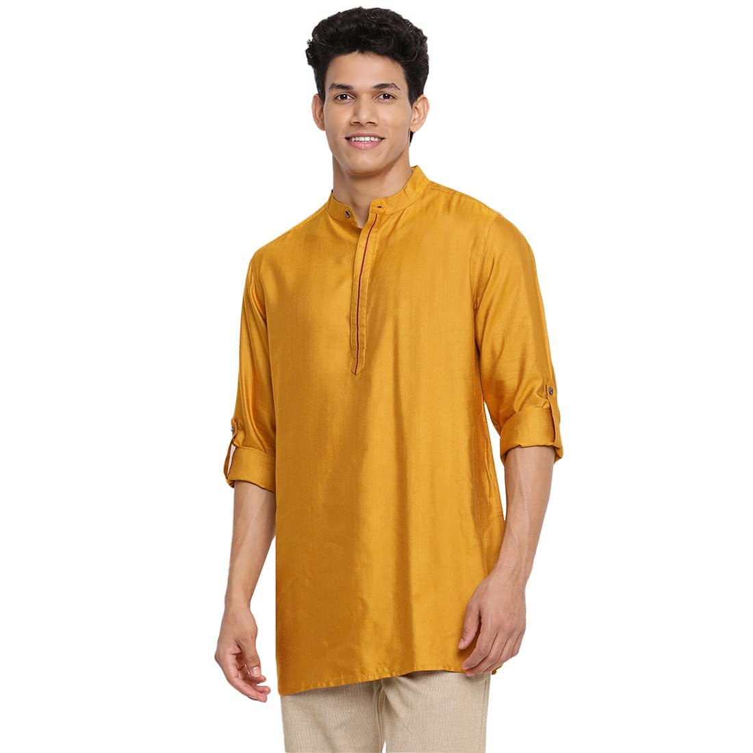 Fabindia Men Viscose Silk Short Kurta Slim Fit Mustard_Xs