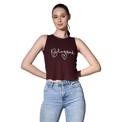 Leriya Fashion Tops For Women | Ribbed Blessed Printed Western Sleeveless Regular Fit Tank Crop Tops For Girls | Casual | Colleg