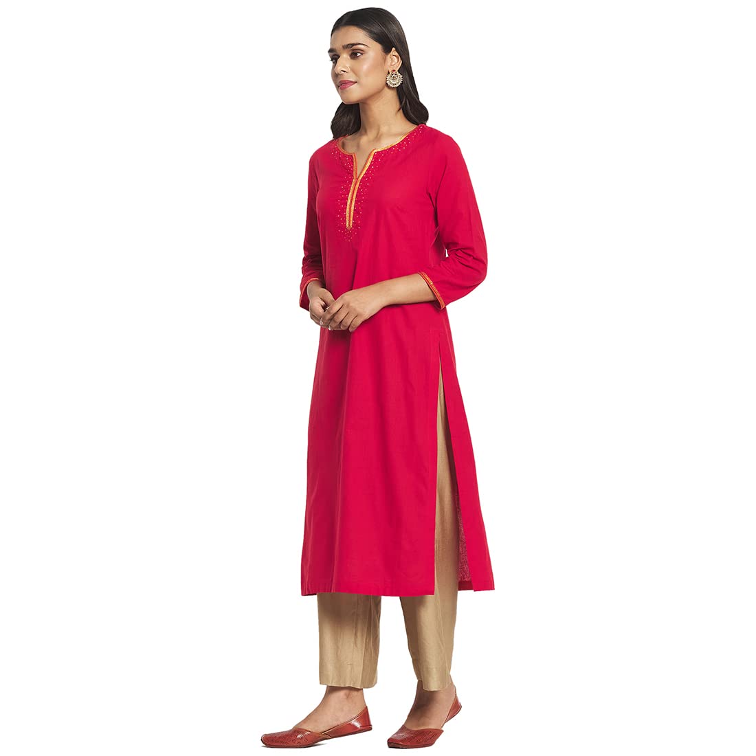 Fabindia Women Cotton Embroidered Long Kurta Red