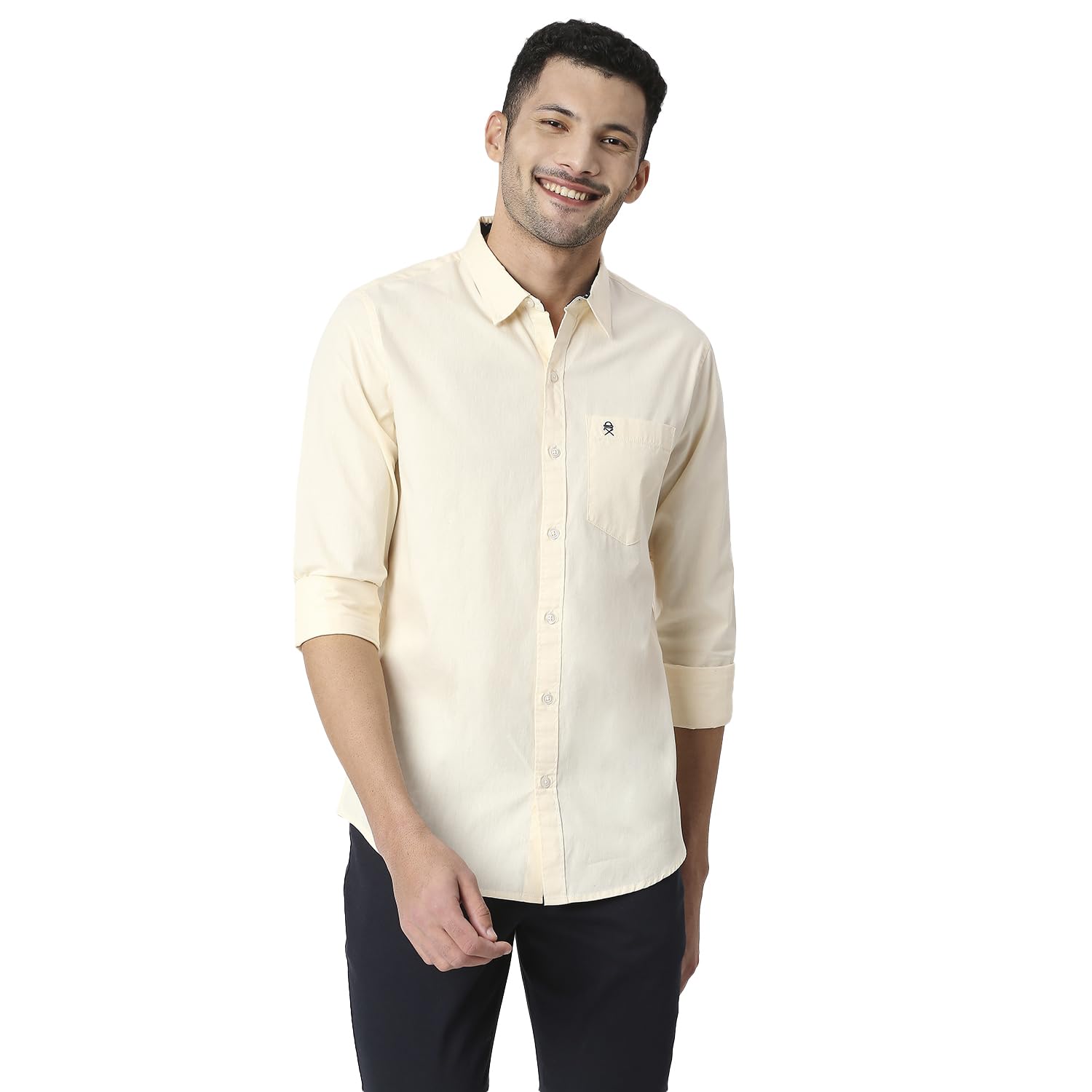 Thomas Scott Mens Solid Slim Fit 100% Cotton Casual Shirt with Spread Collar and Full Sleeve Ecru