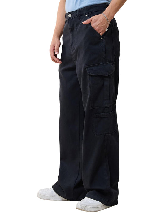 Bewakoof Mens Solid High Rise Straight Fit Cotton High Rise Baggy Jeans_624682_Black_28