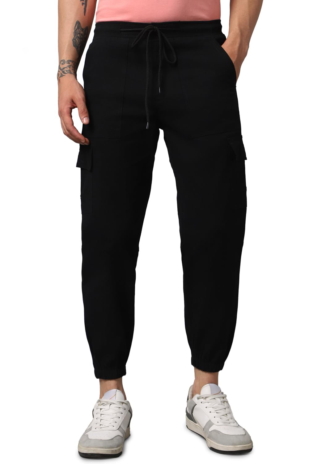 Hubberholme MenS Regular Fit Cotton Trousers, Ankle Length Button Closure Elasticated Waist Cargo Joggers Black