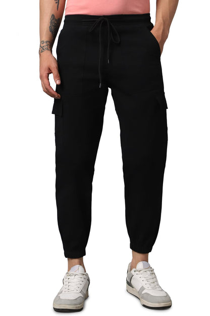 Hubberholme MenS Regular Fit Cotton Trousers, Ankle Length Button Closure Elasticated Waist Cargo Joggers Black