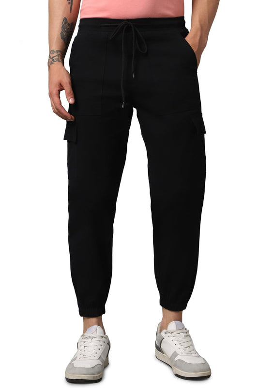 Hubberholme MenS Regular Fit Cotton Trousers, Ankle Length Button Closure Elasticated Waist Cargo Joggers Black