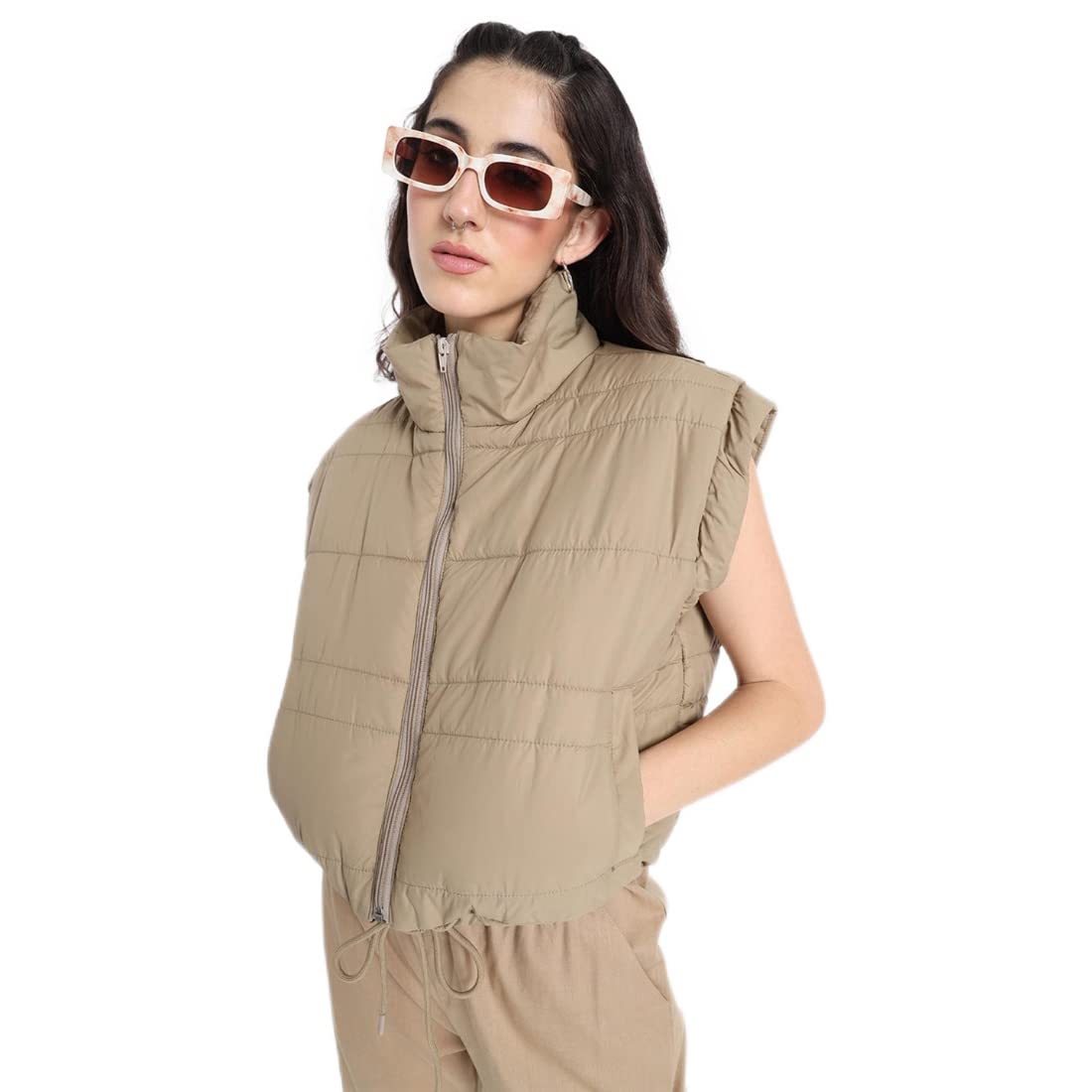 Bewakoof Womens Solid Beige Mock Neck Oversized Sleeveless Puffer Jacket